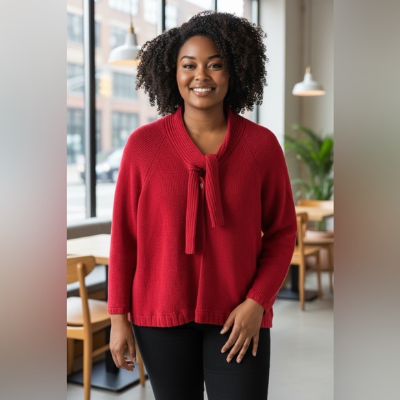 TALBOTS🎄 Cropped Red Sweater with mock turtleneck with tie collar MP - Picture 1 of 13